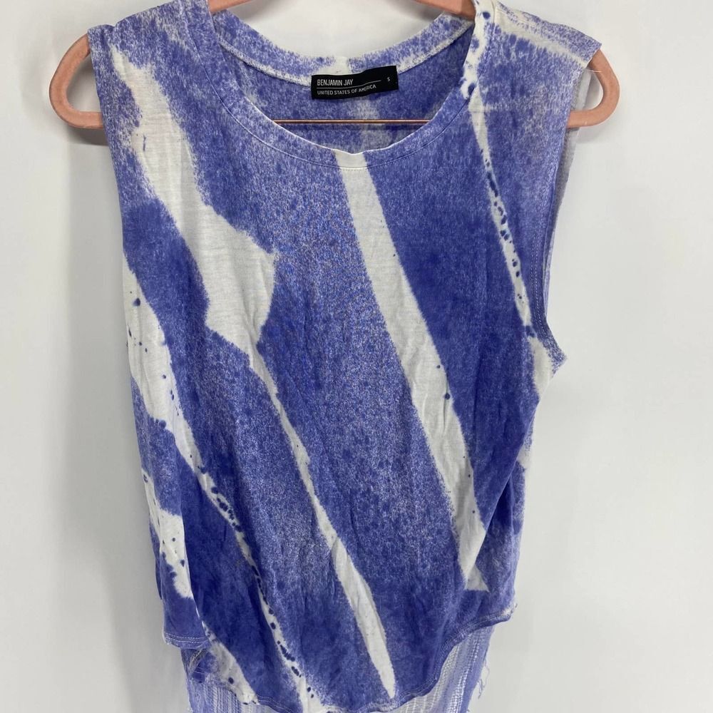 Benjamin Jay Blue White Tie dye tank shredded high low top womens small - Picture 3 of 6
